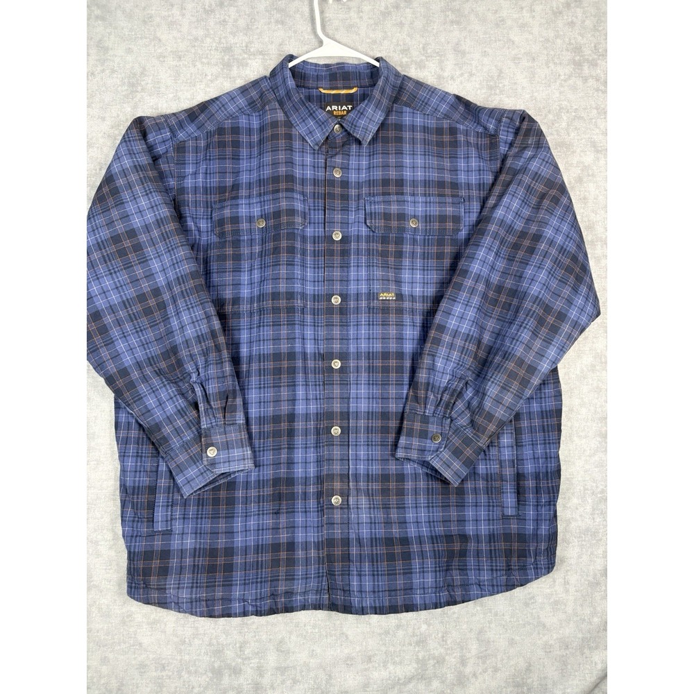 Ariat Rebar Mens 3XL Insulated Flannel Shirt Jacket Blue Plaid Snap Workwear